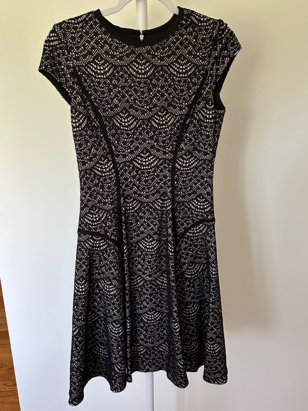 Black and Cream Lace-Effect Fit & Flare Dress